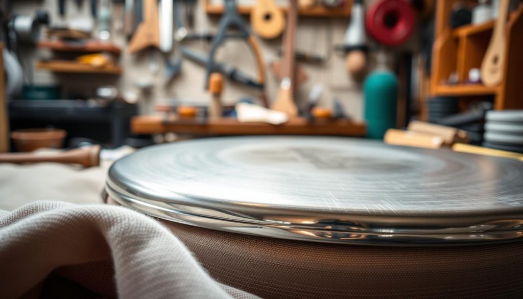 A close-up view of a beautifully crafted tongue drum made of high-quality steel, showcasing its intricate workmanship and polished finish. The foreground features the drum resting on a softly textured fabric, highlighting the smooth surface and precision-cut notes. In the middle ground, soft diffused lighting enhances the metallic sheen, casting gentle reflections that showcase the craftsmanship. The background is a subtly blurred workshop setting, filled with tools and materials that evoke a sense of artisanal quality and dedication to creating fine instruments. The atmosphere is serene and focused, emphasizing the importance of manufacturing quality in music instruments. The image conveys a sense of stability and balance in the tuning of the drum, inviting the viewer to appreciate both its aesthetics and functionality.