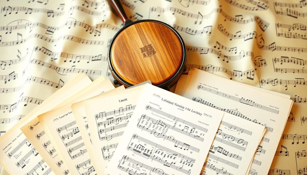 A beautifully arranged flat lay of various notations for tongue drum melodies, featuring colorful sheet music with simple melodies and symbols. In the foreground, several sheets of music are fanned out, showcasing a variety of notation styles, including graphic notation and standard Western notation. The middle section includes an elegant tongue drum positioned at an angle, with vibrant colors reflecting its craftsmanship. The background consists of soft, blurred musical notes cascading like a gentle wave, creating an immersive atmosphere of creativity and inspiration. Natural warm lighting enhances the colors of the sheet music and tongue drum, while a slight overhead angle captures the entirety of the composition, evoking a sense of harmony and artistic exploration.