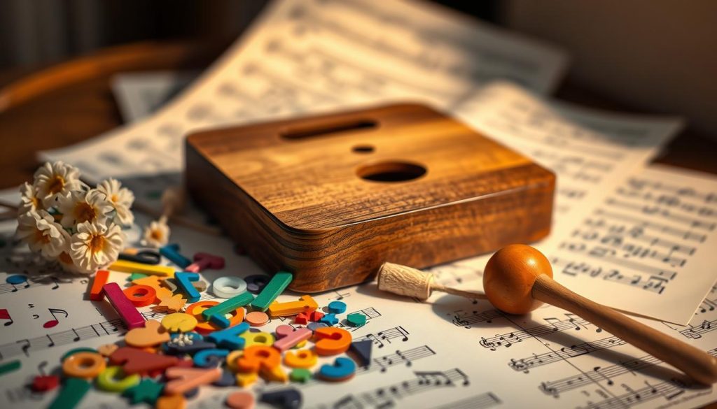 A beautifully arranged still life featuring various octave points, musical notes, and symbols related to a tongue drum. In the foreground, a close-up of colorful notes and symbols, such as whole notes, half notes, and rests, interspersed with octave markers. The middle layer includes a wooden tongue drum, showcasing its unique cut-outs and craftsmanship, with a pair of mallets resting nearby. The background features soft, blurred sheet music and a warm ambient light streaming from the left, casting gentle shadows. The overall mood is artistic and educational, inviting viewers to explore the intricacies of musical notation in a harmonious setting, with a focus on clarity and elegance.