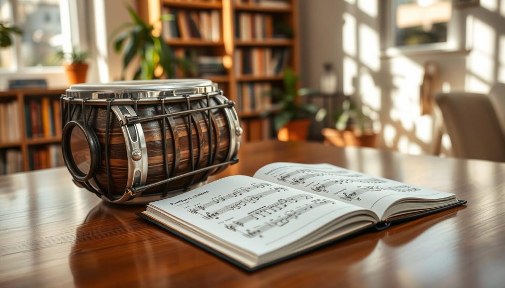 A beautifully arranged tongue drum set on a polished wooden table, surrounded by colorful partition notes displaying various musical notations. The foreground features a close-up of the drum, showcasing its intricate design and metallic tongue, with sunlight casting soft reflections on its surface. In the middle, an open notebook lies next to the drum, filled with handwritten notes and diagrams illustrating how to read a partition chiffrée. The background is softly blurred, featuring a cozy, warmly lit room with bookshelves and plants, creating a calm and inspiring atmosphere. The lighting should be natural and soft, emphasizing the textures of the drum and the notes. Overall, the composition evokes a sense of creativity and learning.