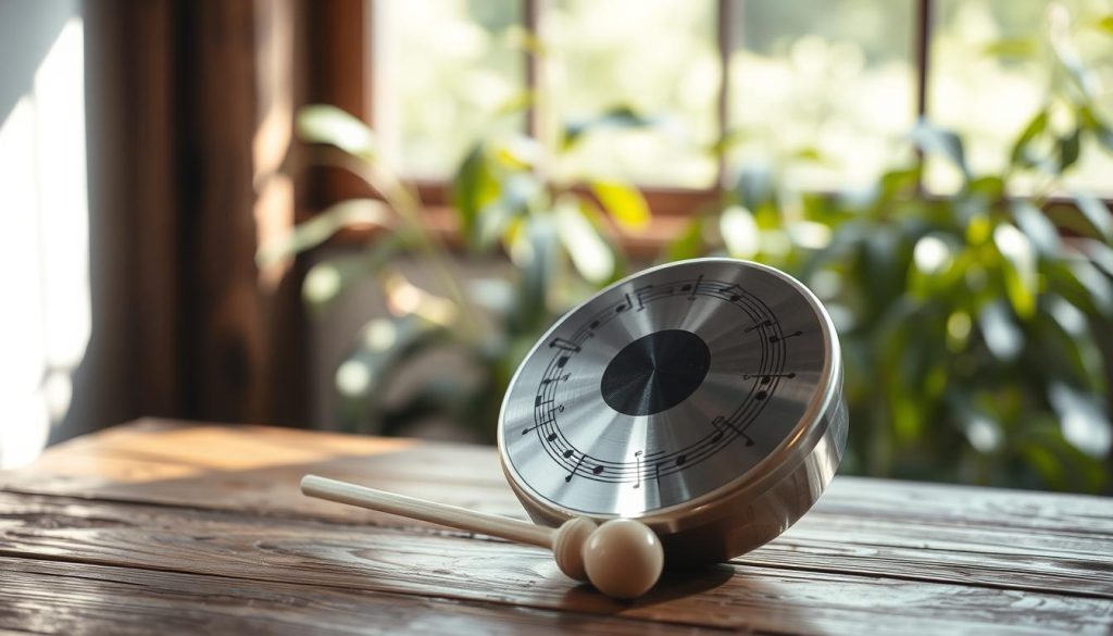 A beautifully crafted tongue drum, also known as a "langue acier," sits prominently in the foreground on a rustic wooden table. The drum, made of polished steel, features intricate hand-tuned notes and harmonizing patterns that reflect its musical nature. Soft natural light filters through a nearby window, casting gentle shadows and highlighting the reflective surface of the drum, creating a serene and inviting atmosphere. In the middle, a pair of mallets rests beside the drum, hinting at the potential for music. In the background, blurred greenery suggests an outdoor setting, enhancing the calm and harmonious mood. Capture this composition with a shallow depth of field for a soft-focus effect, emphasizing the tongue drum as the focal point.
