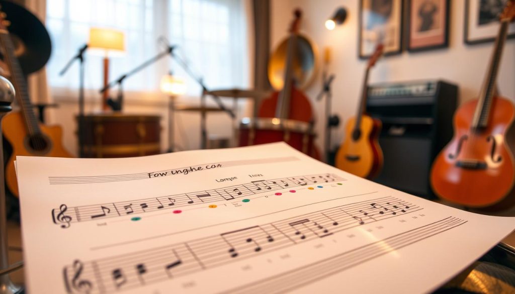 A clear and simple music sheet for beginners, featuring a straightforward color-coded notational system suitable for a tongue drum. In the foreground, the sheet music should include large, easy-to-read notes highlighted in vibrant colors, indicating which positions to strike on the drum. The middle ground shows a glossy tongue drum, positioned prominently, showcasing its curved shape and metal surface. In the background, a cozy, well-lit room filled with musical instruments and soft ambient lighting creates a warm, inviting atmosphere. The angle captures the music sheet and drum harmoniously, emphasizing a sense of accessibility and encouragement for novice players. The overall mood is uplifting and engaging, inviting viewers to learn and explore music.