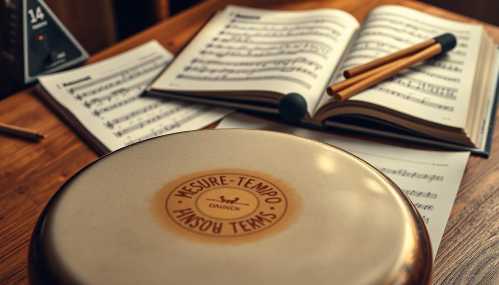 A close-up of a beautifully arranged set of advanced music sheets for tongue drums, showcasing intricate "mesure tempo" partitions filled with rhythmic notation and vibrant symbols. The foreground features a polished tongue drum placed on a wooden table, surrounded by a soft, ambient light that highlights its glossy surface. In the background, an open music book lays partially visible, with notes cascading across the pages, against a warm and inviting studio environment. The lighting casts gentle shadows, creating a calm and focused atmosphere ideal for musical practice. Incorporate elements like a metronome subtly positioned and a pair of drum mallets resting nearby, all in a composition that evokes a sense of creativity and progression in musical study.