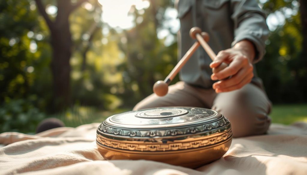 A close-up of a beautifully crafted tongue drum displayed in a serene, natural setting. The drum, made of polished metal and intricately decorated with carved patterns, sits on a soft, textured cloth. In the foreground, focus on the drum's resonant notes as subtle sound waves emanate from it, suggesting its musical potential. The middle ground features gentle hands of a musician, dressed in modest casual clothing, poised to strike the drum with mallets, conveying a sense of connection and anticipation. The background is softly blurred with greenery and soft sunlight filtering through trees, creating a calm and inviting atmosphere that encourages exploration of sound. Overhead, natural light casts a warm glow on the scene, enhancing the richness of the materials and inviting engagement with the instrument.