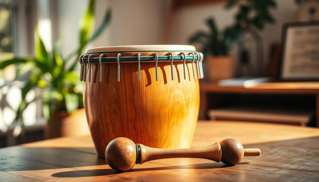A close-up view of a beautifully crafted mailloches tongue drum, featuring its colorful, hand-tuned notes and an intricate design. In the foreground, a pair of wooden mallets rests beside the drum, highlighting the choice of playing technique. The scene is set on a wooden table, softly illuminated by warm, natural light streaming in from the left, creating inviting shadows that enhance the drum's textures. In the background, a softly blurred indoor setting, perhaps suggesting a cozy music room with plants and musical notes, contributes to a calm and relaxing atmosphere. The overall image captures a sense of warmth and creativity, perfect for beginners eager to learn.