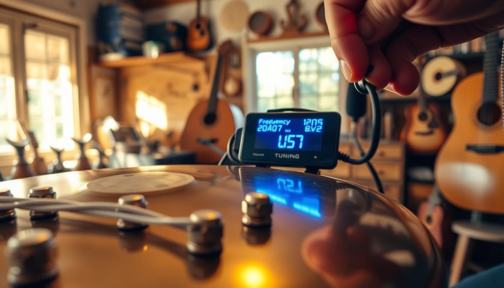 A close-up view of a tongue drum being tuned, showcasing a skilled musician's hands adjusting the tuning pegs. The foreground features intricate details of the drum's metallic surface, reflecting a warm, golden light that emphasizes its craftsmanship. In the middle, a tuning device displays various frequency readings, with a digital screen lighting up in blue, indicating the importance of precise tuning. The background is softly blurred, suggesting a cozy workshop filled with tools and joyful acoustic instruments, bathed in natural sunlight filtering through a window. The atmosphere conveys focus and care, capturing common tuning errors and signals of alertness in a warm, inviting setting. The overall mood is serene yet attentive, perfect for illustrating the nuances of tuning errors.