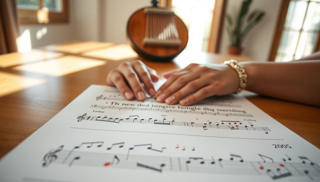 A close-up view of an illustrated tongue drum sheet music page, featuring clear and colorful notation for beginner melodies. The foreground highlights meticulously drawn notes and symbols, with vibrant colors that reflect the diverse sounds of the tongue drum. The middle showcases a pair of hands gently positioned above the sheet, poised to begin playing, adorned with simple yet tasteful wrist accessories. In the background, a softly lit wooden tabletop complements the warm atmosphere, while a blurred image of a tongue drum sits off-center, creating depth. Natural sunlight filters in through a nearby window, casting gentle shadows, providing a tranquil and inviting atmosphere ideal for learning. The overall mood feels serene and focused, encouraging a sense of calm concentration and creativity.