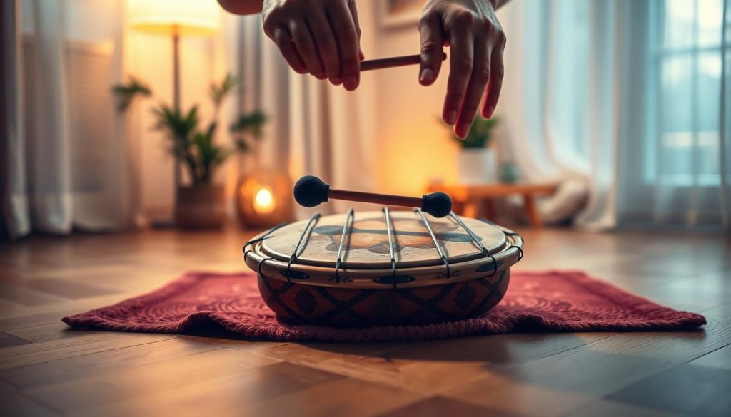 A serene and inviting scene featuring a tongue drum resting on a cozy wooden floor in a softly lit room. In the foreground, there's a pair of hands poised above the drum, with a mallet ready to play, showing a simple exercise pattern. In the middle, the tongue drum is beautifully crafted with vibrant colors and intricate designs, reflecting its musicality. The background offers a glimpse of warm ambient light filtering through sheer curtains, illuminating a small indoor plant and a calming decor, contributing to a peaceful atmosphere. The mood is tranquil and inspiring, perfect for beginners learning to play the tongue drum. The image should have a soft focus to enhance the serene feeling, with a slight tilt-up angle to capture the drum and hands effectively.