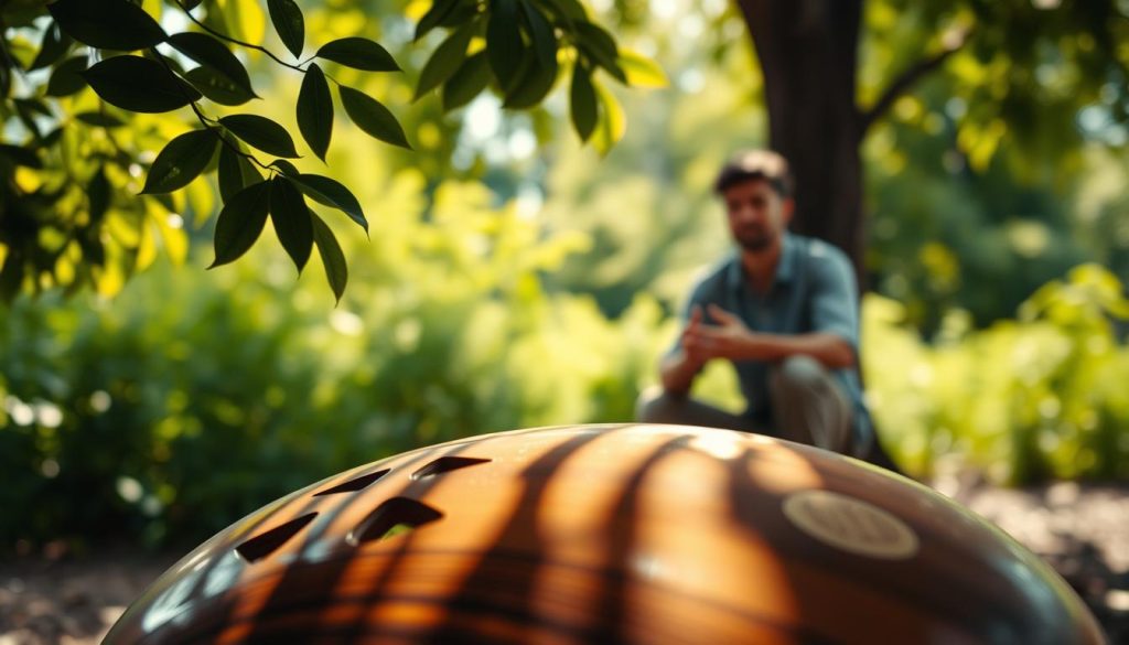 A serene, atmospheric setting featuring a beautifully crafted tongue drum made of rich dark wood, resonating with soft golden tones that symbolize the 432 Hz frequency. The foreground showcases the drum with its intricate cutouts and glossy finish, illuminated by gentle, warm sunlight filtering through leaves, casting dappled shadows. In the middle ground, a calm musician, dressed in modest casual clothing, knelt beside the drum, hands poised to produce harmonious sounds. Soft bokeh effects blur the lush greenery in the background, creating a tranquil ambiance. The overall mood conveys a sense of peace and mindfulness, inviting viewers to explore the connection between sound and nature.