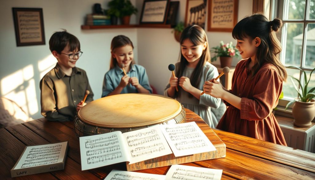 A serene indoor scene depicting a beautifully crafted tongue drum placed on a rustic wooden table. In the foreground, the drum is surrounded by sheet music with simple melodies, softly illuminated by warm, natural light streaming through a nearby window. In the middle, young musicians, dressed in modest attire, are engaged in a collaborative practice session, their expressions focused and joyful. They are softly holding mallets and tapping gently on the drum, creating an atmosphere of harmony and learning. The background features subtle decorations like potted plants and framed musical notes, enhancing the cozy and inviting setting. The overall mood is tranquil and encouraging, promoting creativity and exploration in music.