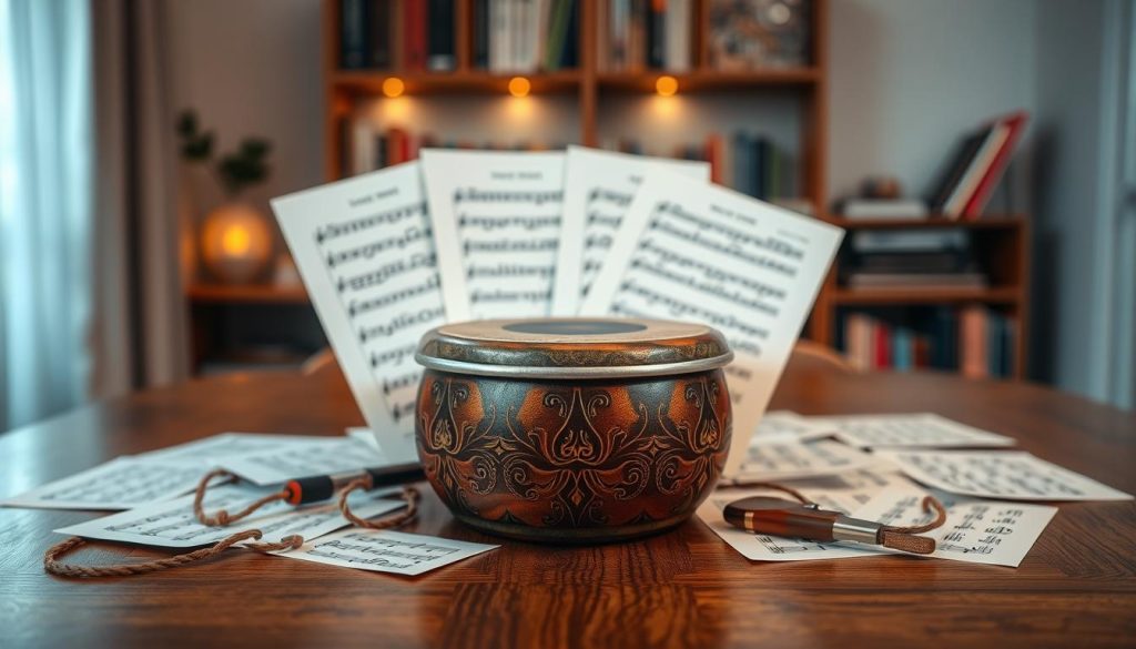 A serene, intimate setting showcasing a beautifully crafted tongue drum at the center of a wooden table surrounded by scattered, colorful sheet music. The foreground features the tongue drum with intricate patterns, glistening slightly under soft natural light. In the middle, several easy music scores are gently fanned out, displaying beautiful notes and playful melodies ideal for beginners. The background consists of a softly blurred room with cozy lighting, perhaps a bookshelf filled with music books and instruments, enhancing the atmosphere of creativity and learning. The overall mood is inviting and warm, designed to inspire music enthusiasts. The scene is shot with a shallow depth of field, giving a focus on the tongue drum and sheets, while ensuring a tranquil and motivating ambiance.