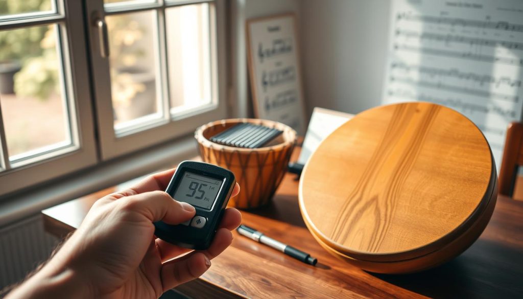 A serene, well-lit workspace showcasing a beautiful tongue drum, highlighting its intricate design and natural wood texture. In the foreground, a hand holding a digital tuner, focused on measuring the pitch of a note being played on the drum. In the middle, the tongue drum sits on a polished wooden table, surrounded by other tools like a pitch pipe and tuning charts. Soft natural light filters through a nearby window, casting gentle shadows and creating a calm atmosphere. The background features softly blurred musical notes and diagrams, symbolizing the mapping of tones. The entire scene conveys a sense of focus and tranquility, ideal for illustrating a methodical approach to tuning.