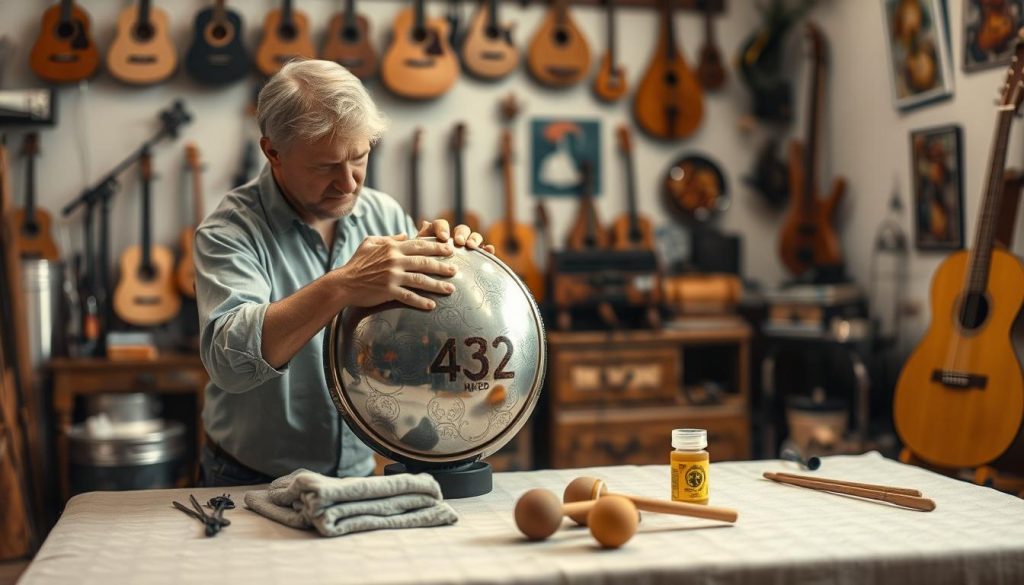 A serene workspace showcasing the maintenance of a tongue drum tuned to 432 Hz. In the foreground, a craftsman in modest casual clothing gently polishes the instrument, focusing intently on its surface, revealing the intricate metal patterns reflecting soft, warm lighting. The middle ground features a neatly organized table with maintenance tools—soft cloths, tuning mallets, and natural oils laid out, emphasizing care and attention. The background displays a softly blurred wall adorned with various musical instruments and art, creating a cozy, inviting atmosphere. The overall mood is calm and dedicated, highlighting the importance of regular maintenance for the longevity and quality of the instrument. The image should capture a harmonious and peaceful environment, illuminated by gentle, natural light.