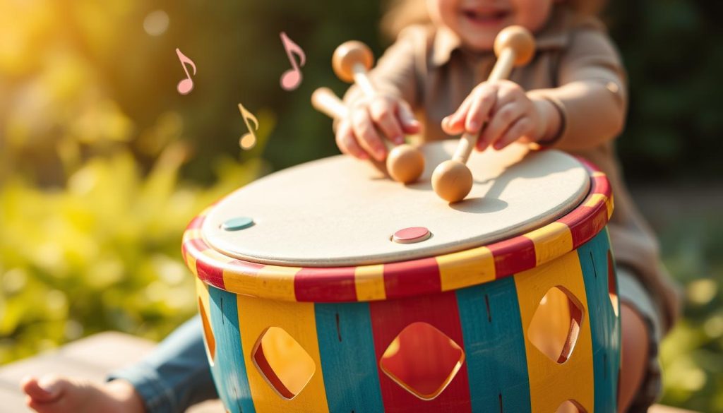 A bright, inviting image of a colorful "choisir tongue drum" designed for children, prominently featured in the foreground. The tongue drum should have a vibrant finish with various hues like blue, yellow, and red, featuring clear, cut-out tongues indicative of its musical capabilities. In the middle ground, show a pair of small hands, belonging to a child dressed in casual, modest clothing, gently tapping the drum with mallets. In the background, create a soft, natural setting with blurred greenery and playful elements like small musical notes floating in the air, suggesting a cheerful atmosphere. Use warm, natural lighting to enhance the inviting mood, captured from a slightly elevated angle to provide depth. The overall scene should evoke joy and creativity in music-making.