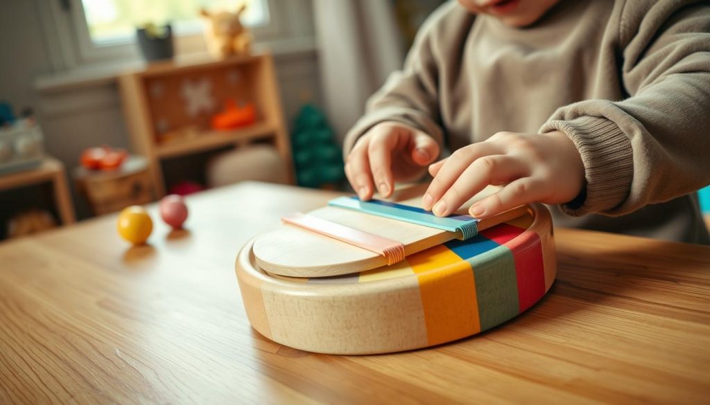 A close-up image showing small hands of a child, delicately playing a tongue drum. The drum should be colorful with a variety of soothing tones, set against a wooden table in a cozy, well-lit room. Soft, natural light filters in from a window, highlighting the child’s fingers as they gently strike the drum's surface. In the background, subtle hints of toys and musical notes can be discerned, creating a playful atmosphere. Ensure the child is dressed in modest, casual clothing, emphasizing their engagement with the instrument. The angle of the shot captures the hands in action, showcasing both the size of the drum and the smallness of the child's grip, conveying the idea of a perfect fit for little hands.
