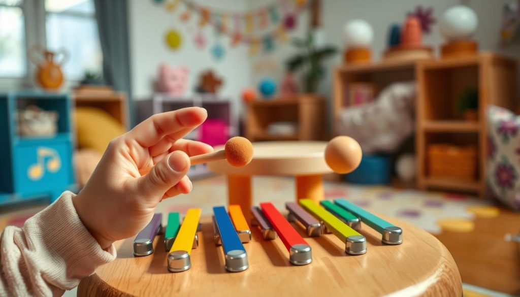 A close-up view of a child’s hands skillfully playing a tongue drum, demonstrating various finger techniques and mallet usage. The foreground features delicate fingers striking the colorful metal tongues of the drum, showcasing different playing styles, with soft lighting illuminating the hands. In the middle ground, the tongue drum stands on a wooden surface surrounded by vibrant, playful decor, such as musical notes and whimsical patterns. The background includes a cozy, softly lit room, filled with a peaceful atmosphere that captures the joy of music-making. The image is framed with a slightly shallow depth of field to emphasize the child's hands while subtly blurring the surroundings, creating a warm and inviting mood.
