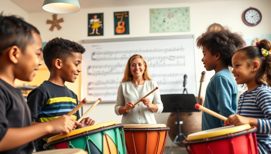 A serene, inviting classroom setting during a short music learning session, focused on a tongue drum. In the foreground, a diverse group of three children, aged around 7-9 years, engaged and smiling, each playing a colorful tongue drum with rhythm sticks. In the middle, a cheerful music teacher, dressed in casual professional attire, guiding them, demonstrating a simple rhythm. The background features musical notes on a large whiteboard and soft, warm lighting that creates a cozy atmosphere. The room is decorated with vibrant artwork and musical instruments, contributing to a playful and energetic learning environment. Capture the joy and enthusiasm of this short, effective, and fun learning experience.