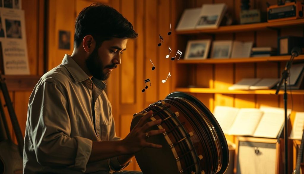 A serene scene depicting a musician deeply focused on a tongue drum, positioned in the foreground. The musician, dressed in modest casual attire, plays a simple arrangement of “Hallelujah,” illuminated by warm, soft light that casts gentle shadows, enhancing the intimate atmosphere. In the middle ground, musical notes are subtly rising from the drum, symbolizing creativity and expression. The background features a cozy room with wooden panels and shelves lined with musical instruments and sheet music. The overall mood is calm and reflective, capturing the essence of learning and overcoming common mistakes in music. A warm color palette contributes to an inviting ambiance, making it an inspiring visual for readers.