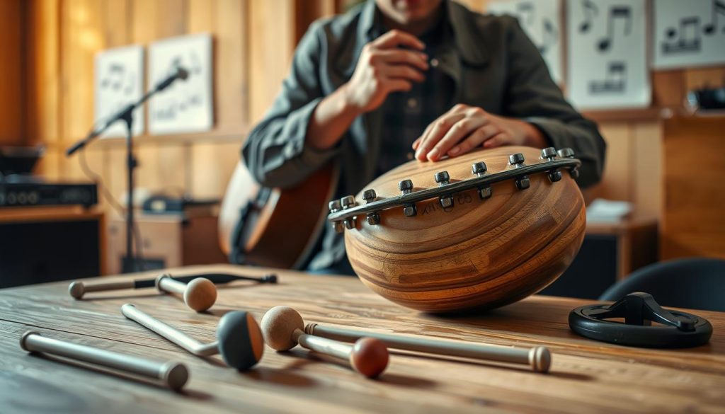 A serene scene featuring a beautifully crafted tongue drum resting on a wooden table, surrounded by various tuning tools like mallets and a tuner, capturing the essence of preparation. In the foreground, a pair of hands gently adjusts the drum's tuning pegs, with soft, focused light illuminating the intricate patterns on the drum’s surface. In the middle ground, a musician, dressed in modest casual clothing, examines the instrument closely, showcasing a sense of concentration and care. The background is softly blurred, depicting a cozy, music-filled room with warm wood tones and hints of musical notes subtly displayed on the walls. The overall atmosphere is calm and inviting, encouraging a sense of readiness and anticipation before playing.