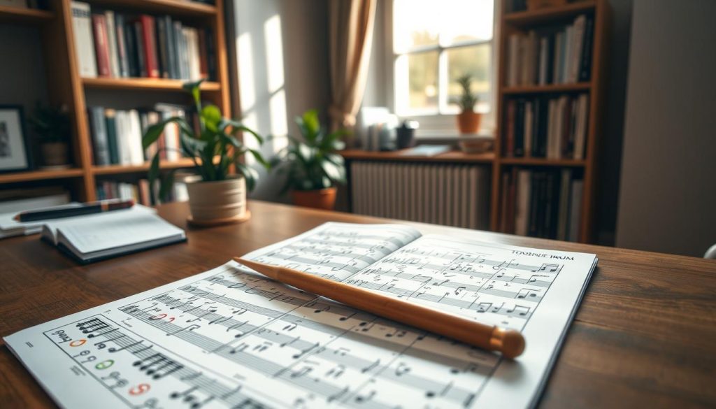 A serene workspace featuring a beautifully organized tongue drum notation chart, intricately designed with colorful symbols and patterns, prominently displayed in the foreground. The middle ground showcases an open notebook filled with hand-written music notes and annotations, along with a pair of elegant wooden drumsticks resting beside it. In the background, soft natural light filters through a window, casting gentle shadows over a cozy bookcase lined with music theory books. A potted plant adds a touch of greenery, complementing the calm and inspiring atmosphere. The camera angle is slightly elevated, focusing on the notation while allowing for depth in the scene. The mood is creative and tranquil, inviting contemplation and learning.