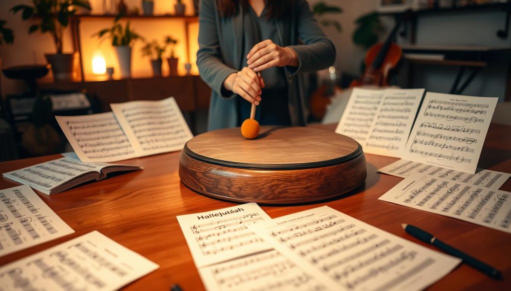 A serene workspace featuring a tongue drum, surrounded by sheets of musical notes for "Hallelujah," highlighting an easy version. In the foreground, a beautifully crafted tongue drum sits on a polished wooden table, its curved surface reflecting soft light. Scattered around the drum are neatly arranged sheet music pages with handwritten annotations marking easy sections. In the middle, a pair of hands, clad in modest casual attire, gently hold the drum mallet, poised to play. The background is softly blurred, showcasing a cozy room filled with warm ambient lighting, plants on a shelf, and musical instruments in soft focus. The atmosphere is inviting, inspiring creativity and focus, perfect for musical practice and exploration.