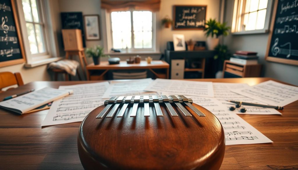 A serene workspace featuring a wooden tongue drum, front and center, surrounded by neatly arranged, colorful sheet music with various patterns. In the foreground, the tongue drum's polished surface reflects soft, warm lighting. In the middle ground, a collection of reliable PDF documents is laid out, with visible logos of trustworthy music sources. The background features a cozy and inviting room filled with musical notes on a chalkboard and a window letting in natural light, creating an inspiring atmosphere. The overall mood is tranquil and artistic, inviting creativity and exploration in learning music. The scene captures the essence of finding dependable resources for free tongue drum sheet music without any text or distractions.