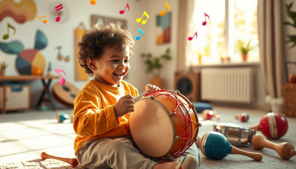 A vibrant and engaging scene depicting a young child joyfully playing a tongue drum, surrounded by colorful musical notes floating in the air, symbolizing rhythm and creativity. In the foreground, the child, dressed in cheerful, comfortable clothes, strikes the drum with enthusiasm, their focused expression illustrating determination and enjoyment. In the middle ground, various instruments like maracas and tambourines, scattered playfully, emphasize a musical atmosphere. The background features a softly lit room with walls adorned with abstract art and a large window allowing gentle sunlight to stream in, casting warm shadows. The overall mood is uplifting and encouraging, highlighting a playful yet serious approach to learning rhythm without discouragement. Capture this moment from a slightly elevated angle to provide depth and warmth to the scene.