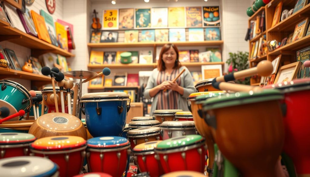 A vibrant scene showcasing various tongue drums for children, arranged thoughtfully in a cozy music shop setting. In the foreground, a colorful assortment of tongue drums in different sizes and hues, with a focus on models suitable for children aged 3 and up. In the middle ground, a friendly shopkeeper, dressed in casual, modest clothing, interacts with a parent looking at the drums. The background features shelves adorned with musical accessories, like mallets and educational music books. Soft, warm lighting creates an inviting atmosphere, highlighting the joy of music learning. The angle is slightly elevated to capture the entire display and the engaging interaction, emphasizing the welcoming environment of the store. The mood is cheerful and inspiring, perfect for introducing young children to music.