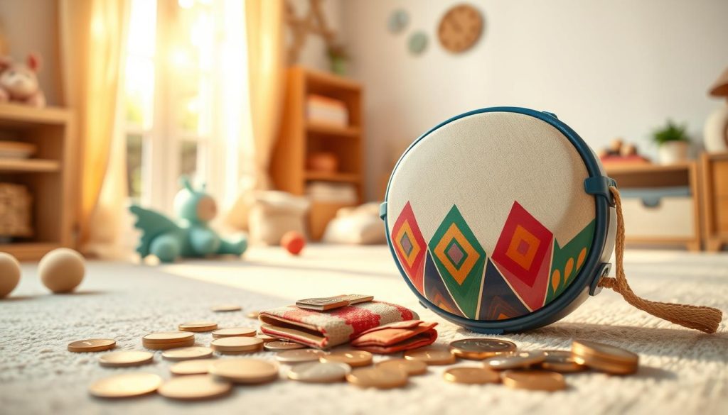 A visually engaging scene illustrating the concept of a "budget" for children's tongue drums in a French context. Foreground: a beautifully crafted tongue drum with vibrant colors and patterns, surrounded by scattered coins and a small typical French wallet to represent budget considerations. Middle ground: a soft, inviting playroom setting with subtle wooden textures and plush toys, creating a child-friendly atmosphere. Background: a sunny window casting warm, natural light into the room, enhancing the overall bright and cheerful mood. The image should capture a sense of careful budgeting, with an emphasis on the investment in quality musical instruments for children aged three and up, aiming for a balance between warmth and practicality.