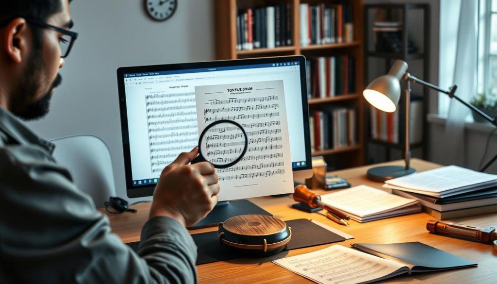A visually engaging scene showcasing a modern, organized desk with a computer screen displaying a high-quality PDF document, featuring sheet music for a tongue drum. In the foreground, a person in modest casual clothing closely examines the PDF, using a magnifying glass to highlight details. The middle ground includes neatly arranged printed sheets and a few musical instruments like the tongue drum, with a gentle light illuminating the workspace from a nearby table lamp. In the background, a bookshelf filled with music books and resources creates an inviting, scholarly atmosphere. Soft, natural lighting creates a warm and productive mood, ideal for researchers and musicians alike, emphasizing the importance of identifying quality PDF documents.
