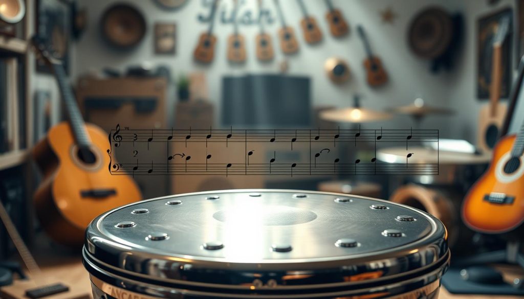 A visually striking representation of a pentatonic scale diagram integrated with a tongue drum. In the foreground, a beautifully crafted tongue drum made of polished metal, showcasing its sensor-based notes marked clearly. The middle ground features an elegantly designed pentatonic scale, with musical notation clearly illustrating its notes and intervals. Light filters in from the top, casting soft reflections on the drum's surface, creating a warm and inviting atmosphere. The background should have a soft, blurred effect of a cozy music studio filled with musical instruments, enhancing the focus on the drum and the scale. The scene is illuminated with gentle, natural light, evoking a sense of creativity and tranquility in a musical setting.