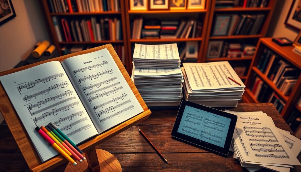 A well-organized workspace featuring various tools for reading and managing sheet music for a tongue drum. In the foreground, a wooden music stand holds open sheet music, surrounded by colorful highlighters, a pencil, and a set of music notation books. In the middle ground, a neatly stacked pile of printed PDF sheet music is displayed next to a tablet showing digital score applications. The background features a softly lit room with shelves filled with more music books and framed music-related art. The lighting is warm and inviting, creating a cozy atmosphere perfect for practice and study. The angle is slightly overhead, capturing all elements harmoniously while ensuring clarity and focus on the tools.