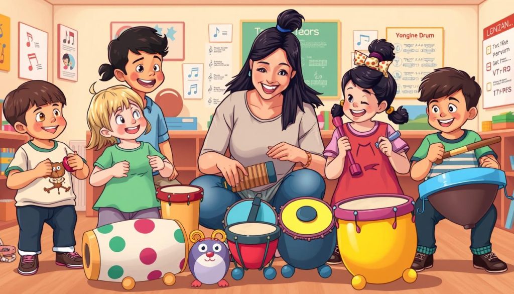 A whimsical illustration titled “Recommendations by Age” featuring a series of colorful tongue drums designed for children aged 3 and up. In the foreground, a cheerful, diverse group of children, aged 3 to 6, play various tongue drums, showcasing different sizes and designs - some with animal motifs, others in vibrant colors. The middle layer includes a friendly adult instructor guiding them, dressed in casual attire, demonstrating techniques. In the background, a cozy classroom filled with music notes and educational posters about rhythm and sound creates a nurturing atmosphere. Soft, warm lighting enhances the joyful mood, and the angle captures the excitement of the children's expressions as they engage with the instruments.