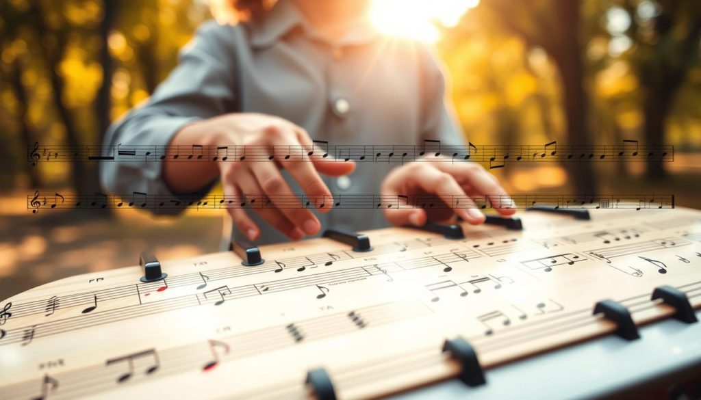 A beautiful arrangement of a tongue drum showcasing various tonal notes, featuring major, minor, and pentatonic scales. In the foreground, a close-up of the drum with clearly defined notes displayed in an artistic, colorful manner. The middle ground includes hands gently playing the drum, accentuating the music's fluidity and rhythm; the musician is dressed in modest casual clothing to maintain a professional atmosphere. In the background, a softly blurred natural setting with warm sunlight filtering through trees, creating a serene vibe that invites exploration of the musical scales. The overall mood is calming and inviting, highlighting both the beauty of the instrument and the joy of music creation, with soft shadows and gentle focus to enhance the tranquility.