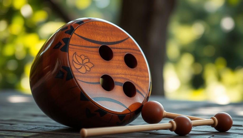 A beautifully crafted tongue drum, featuring a polished wooden exterior with vibrant motifs etched into the surface. The drum is positioned prominently in the foreground, showcasing its unique curved, bowl-like shape and the carefully arranged tone holes. Soft, ambient lighting highlights the rich textures of the wood and the shimmering colors of the drum's design. In the middle ground, a pair of mallets rests beside the drum, indicating a moment just before play. The background is softly blurred, depicting a serene natural setting, perhaps with gentle greenery and dappled sunlight filtering through trees, creating a calming atmosphere that reflects the melodic and tranquil essence of the tongue drum. The overall mood is inviting and peaceful, conveying the instrument's role in creating soothing music.