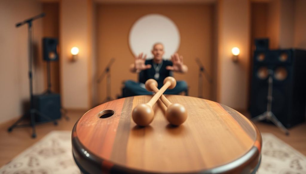 A beautifully crafted tongue drum is positioned prominently in the foreground, showcasing its intricate design and vibrant colors. The drum features distinct, cut-out tongues that evoke a sense of calm and harmony. In the middle ground, there are a pair of gently resting wooden mallets alongside a person's hands, poised as if about to play, highlighting two playing techniques. The background is softly blurred, featuring a serene music studio with warm lighting, creating a tranquil atmosphere. The scene is set with a slight overhead angle, emphasizing the drum's unique features. The overall mood is peaceful and inviting, perfect for illustrating the joy of making music with a tongue drum.