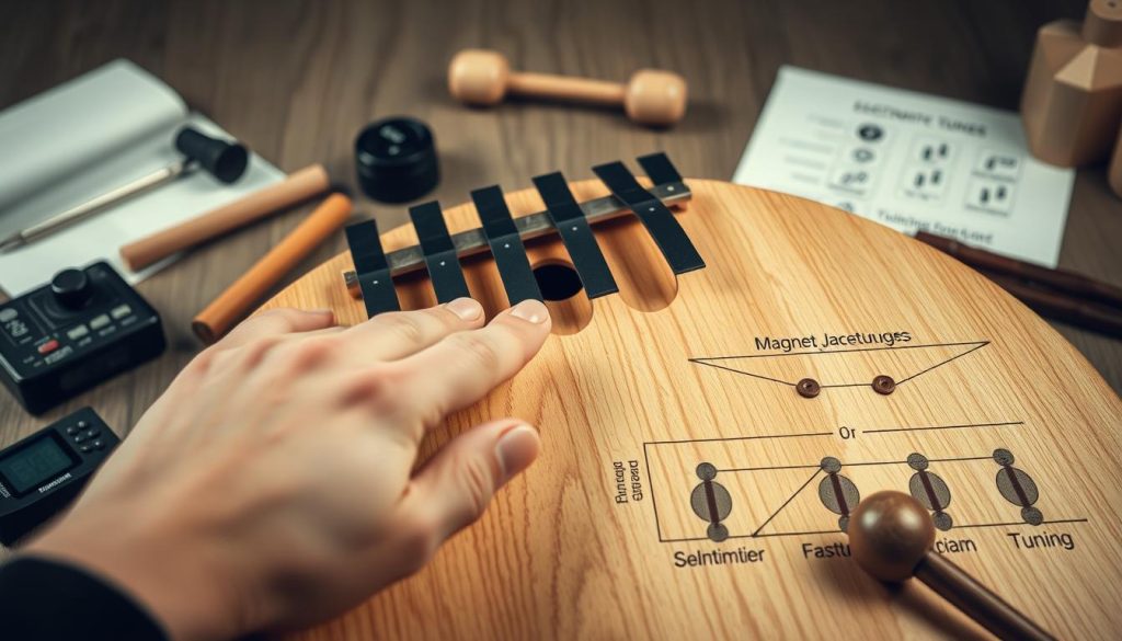 A close-up composition of a beautifully crafted tongue drum, showcasing its intricate design with visible tongue-shaped openings for sound production. Surrounding the drum are various tools and methods used for tuning, such as electronic tuners, mallets, and a schematic diagram illustrating magnet placement and tuning techniques. The foreground features a hand delicately adjusting one of the tuning tongues. In the background, soft ambient lighting bathes the scene, emphasizing the natural wood grain of the drum and creating a serene, focused atmosphere. The scene is captured from a slightly elevated angle, bringing attention to the detail and craftsmanship of the drum while maintaining a professional, informative mood suitable for an educational article.