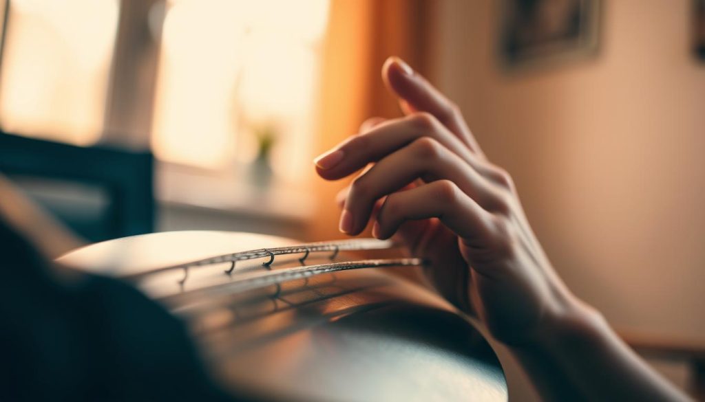 A close-up of a pair of hands skillfully playing a tongue drum, fingers gracefully striking the metal surface to produce harmonious sounds. The hands, depicted in a natural and expressive pose, should showcase the delicacy and precision required in this playing technique. In the background, softly blurred, is a cozy indoor setting with warm, ambient light filtering through a window, creating a serene atmosphere. The focus should be on the intricate details of the fingers and the tongue drum, highlighting the texture of the metal and the gentle motion of the hands. Use a shallow depth of field to emphasize the subject and drown out distractions, evoking a mood of calm creativity and musical exploration.