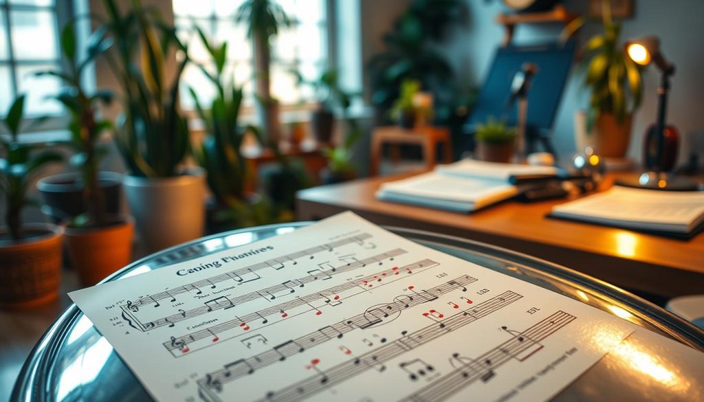 A close-up view of a beautifully arranged tongue drum sheet music in the key of C major. The sheet music features colorful note symbols placed on a decorative page, showing simple melodies and chord progressions specifically for beginners. The foreground showcases a glossy tongue drum made of steel, reflecting the light, with vibrant colors that resonate with the mood of creativity and harmony. The background is softly blurred, featuring a cozy music studio filled with plants and gentle warm lighting. A wooden table holds a few additional musical instruments and a music stand. The overall atmosphere is inviting and inspiring, encouraging a sense of discovery in music.