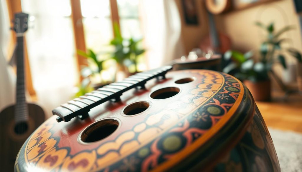 A close-up view of a beautifully crafted tongue drum, displaying intricate patterns and a range of tonalities across its surface. The foreground features vibrant colors and textures of the drum, emphasizing the unique shapes of the sound holes. In the middle ground, soft, natural light cascades from a nearby window, creating a warm and inviting ambiance. The background consists of blurred, earthy tones, suggesting a tranquil music studio atmosphere filled with musical instruments and plants. The overall mood is serene and inspiring, inviting viewers to explore the subtleties of musical scales. The angle is slightly elevated, capturing both the drum's craftsmanship and its musical significance, embodying the essence of major, minor, and pentatonic scales.