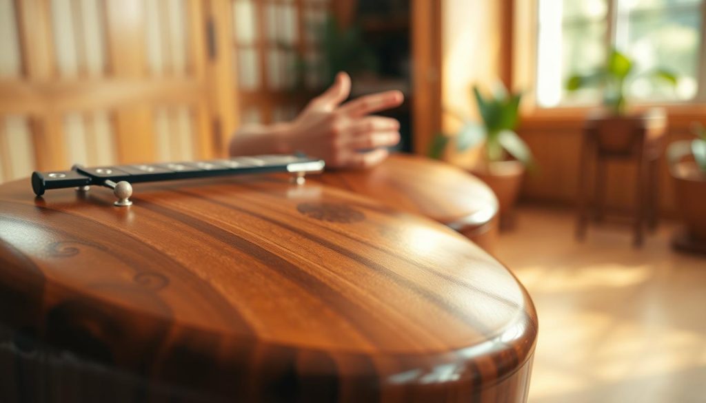 A close-up view of a beautifully crafted tongue drum made of polished wood, positioned prominently in the foreground. Delicate patterns etched into its surface gleam under soft, natural lighting that creates a warm and inviting atmosphere. In the middle ground, a pair of hands gently playing the drum, demonstrating basic techniques for chaining notes together, showcasing nimble fingers and attentive posture. The background softly fades into a serene indoor setting with warm wooden tones and subtle hints of greenery, reflecting a calm and focused practice space. A shallow depth of field enhances the focus on the drum and hands while blurring the background, creating a sense of intimacy and concentration.