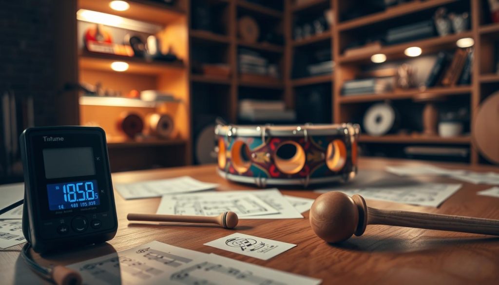 A close-up view of a digital tuner displaying precise measurements for tuning a tongue drum, set on a wooden table scattered with musical notes and tuning mallets. The foreground features the tuner in sharp focus, illuminated by soft, warm lighting to create an inviting atmosphere. The middle ground includes the tongue drum with its resonant openings, showcasing vibrant colors and patterns. In the background, dimly lit shelves filled with other musical instruments and tuning tools subtly hint at a professional music studio environment. The overall mood is calm and focused, suggesting a disciplined approach to achieving coherent measurements in tuning. The angle is slightly tilted to highlight the interaction between the tuner and the instrument, emphasizing the importance of the tuning method.