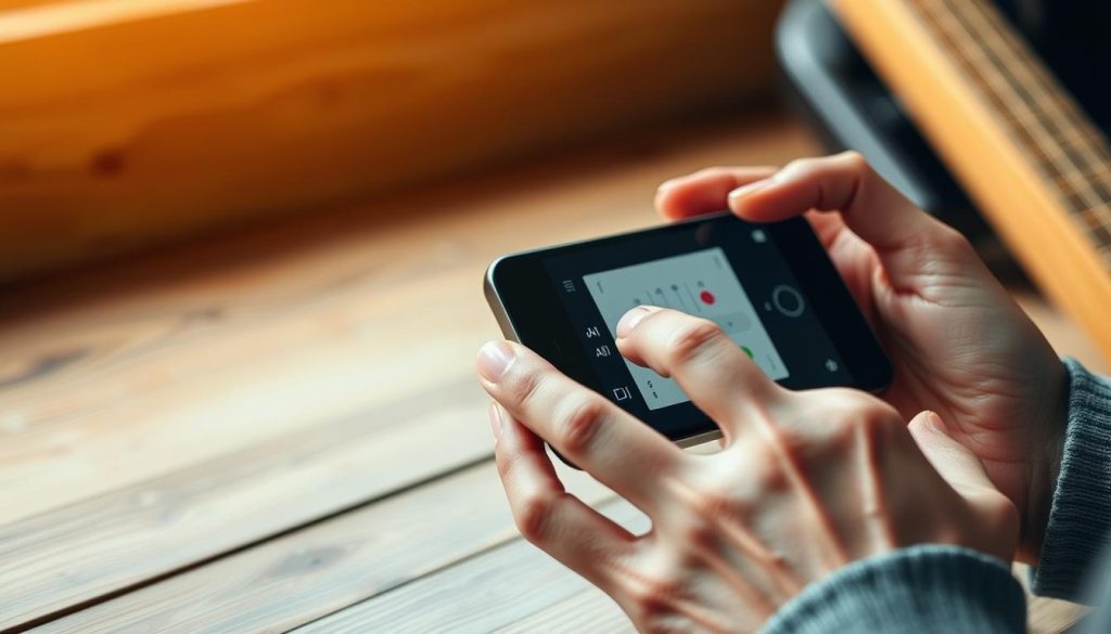 A close-up view of a modern smartphone displaying a tuning app for a tongue drum, set against a soft-focus, wooden table background. The screen shows colorful tuning indicators and a user-friendly interface, showcasing its functionality. In the foreground, a pair of hands gently holding the smartphone, selecting notes for tuning, with well-groomed fingernails reflecting a commitment to music appreciation. The lighting is warm and inviting, enhancing the natural textures of the wooden background while casting subtle shadows. The composition is shot from a slight angle to highlight the smartphone's screen, creating an atmosphere of focused creativity and practicality, demonstrating the blend of technology and musical tradition.