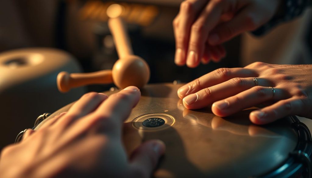 A close-up view of a pair of hands striking the surface of a beautifully crafted tongue drum, emphasizing the contrasting techniques of using fingers and mallets. In the foreground, show the fingers lightly grazing the drum’s metallic surface, capturing the expressiveness and subtlety of hand play, while in the background, a wooden mallet rests nearby. The middle ground features the tongue drum itself, showcasing its unique tones and intricate designs. Soft, warm lighting illuminates the scene, creating an inviting atmosphere, with a slight bokeh effect to emphasize the hands and instrument. The image should evoke a sense of musical exploration, highlighting the differences in sound and expressivity between the two playing techniques.