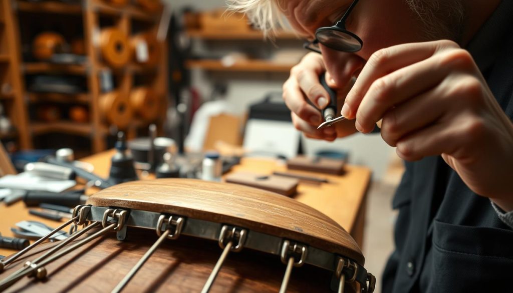 A close-up view of a tongue drum showcasing the intricate technique of micro-torsion on one of its metal tongues. The foreground features a skilled artisan delicately manipulating the tongue with precision tools, highlighting the slight bends and adjustments made to correct gaps. The artisan is dressed in professional attire, concentrating on their work. In the middle background, a soft-focused workbench cluttered with tuning tools, small files, and calipers is visible, suggesting a workshop environment. The background is softly blurred, hinting at shelves filled with various musical instruments. The overall lighting is warm and inviting, emphasizing the craftsmanship and care involved in tuning the instrument, creating a mood of focus and artistry.