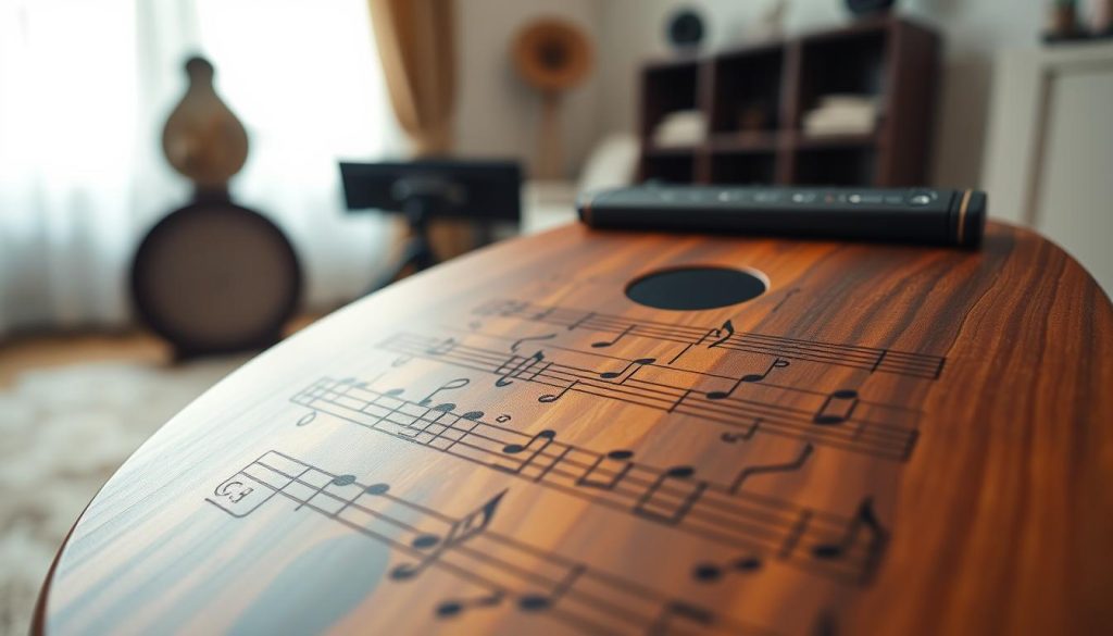 A close-up view of a tongue drum with notes mapped out in the key of C Major, showcasing intricate interlacing patterns of musical notes and symbols engraved on its surface. The foreground features the tongue drum in focus, displaying a rich wood texture and vibrant colors, such as deep blues and greens. In the middle ground, there are musical notation symbols softly blurred to suggest a flowing connection to the drum. The background features a softly lit, serene practice space, with natural light filtering through soft curtains, creating a peaceful and inviting atmosphere. The scene should evoke a sense of creativity and tranquility, highlighting the beauty of music and its emotional impact. No text or distractions present.