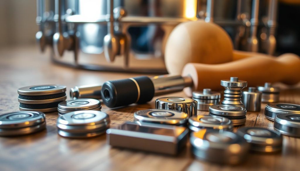 A close-up view of tuning magnets ("aimants") arranged on a wooden table, showcasing their glossy surfaces and intricate designs. The foreground features several different types of magnets, including rare earth magnets and ceramic magnets, with detailed texture visible. In the middle ground, a set of tuning tools such as a tuner and rubber mallet are strategically placed to indicate their purpose in drum tuning, emphasizing precision. The background contains a softly blurred tongue drum, highlighting its metallic shimmer under warm, soft lighting, creating an inviting atmosphere. The angle is slightly overhead, giving a comprehensive view of the arrangement, while the overall mood conveys careful craftsmanship and attention to detail, ideal for illustrating the theme of tuning errors and risks to avoid.