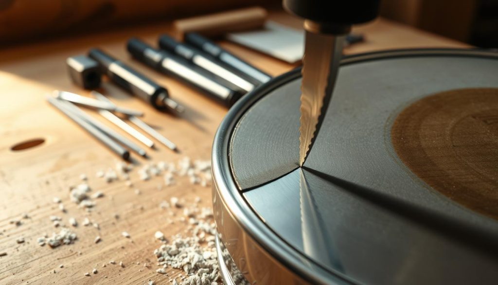 A focused view of a metallic tongue drum being carefully altered with a metal saw, highlighting the precision and craftsmanship involved in this irreversible method. The foreground features a close-up of the saw cutting into the edge of a shiny, polished tongue drum, with metal shavings scattered around. In the middle ground, a set of fine tools like files and clay markers lays neatly organized on a wooden workbench, creating a workshop atmosphere. In the background, warm and soft lighting casts shadows that enhance the texture of the drum and tools, conveying a sense of artistry and dedication. The overall mood is industrious and calm, ideal for illustrating the meticulous process of modifying the drum's tongue.
