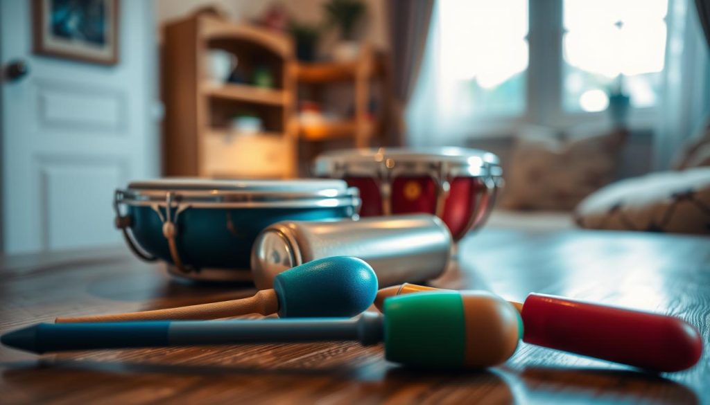 A serene and inviting scene featuring a close-up of a set of beautiful tongue drums arranged on a wooden table. In the foreground, focus on a pair of colorful mallets resting beside the instruments, showcasing the vibrant hues of blues, greens, and reds. The middle ground includes the tongue drums themselves, their polished surfaces gleaming softly under warm, diffused lighting that highlights their intricate designs and metallic finishes. In the background, create a blurred view of a cozy room with soft natural light streaming through a window, enhancing the tranquil atmosphere. Capture a sense of calm and focus, inviting the viewer to imagine the peaceful sound of the drums being played with the mallets.