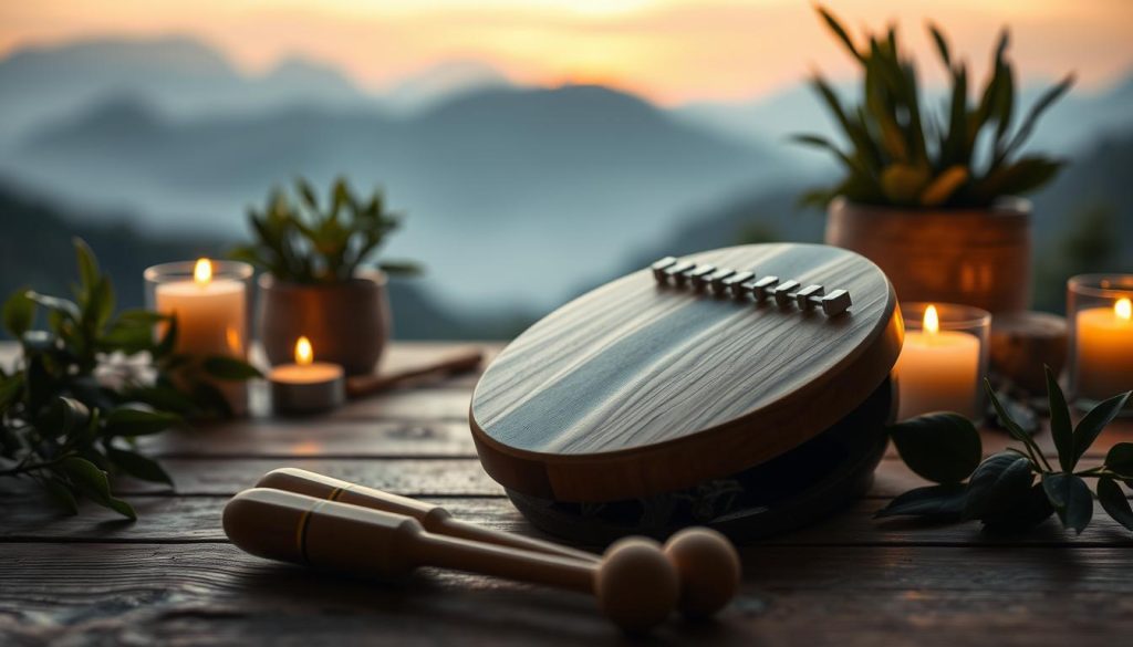 A serene setting featuring a beautifully crafted tongue drum placed on a rustic wooden table, surrounded by natural elements like lush green plants and soft, glowing candles. In the foreground, the tongue drum, showcasing its smooth, curved surface and finely-tuned notes, is highlighted by warm, soft lighting that casts gentle shadows. In the middle ground, a pair of polished mallets rests, symbolizing creative improvisation. The background features blurred silhouettes of tranquil landscapes, perhaps mountains or a sunset, enhancing the mood of simplicity and inspiration. The color palette should be soothing, with earth tones and warm hues, evoking a feeling of calm and introspection. The scene captures the essence of the pentatonic scale, inviting creativity and exploration through music.